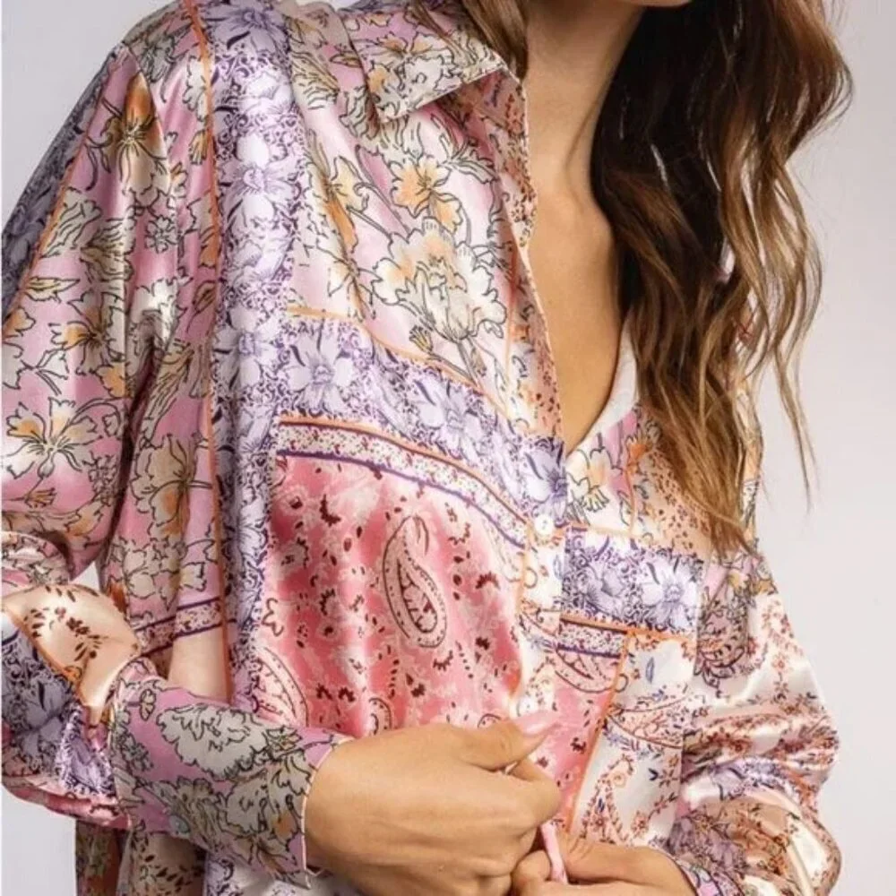 💕ZARA💕 Printed Satin Effect Shirt ~ Pink Multi-Color Paisley Print Medium